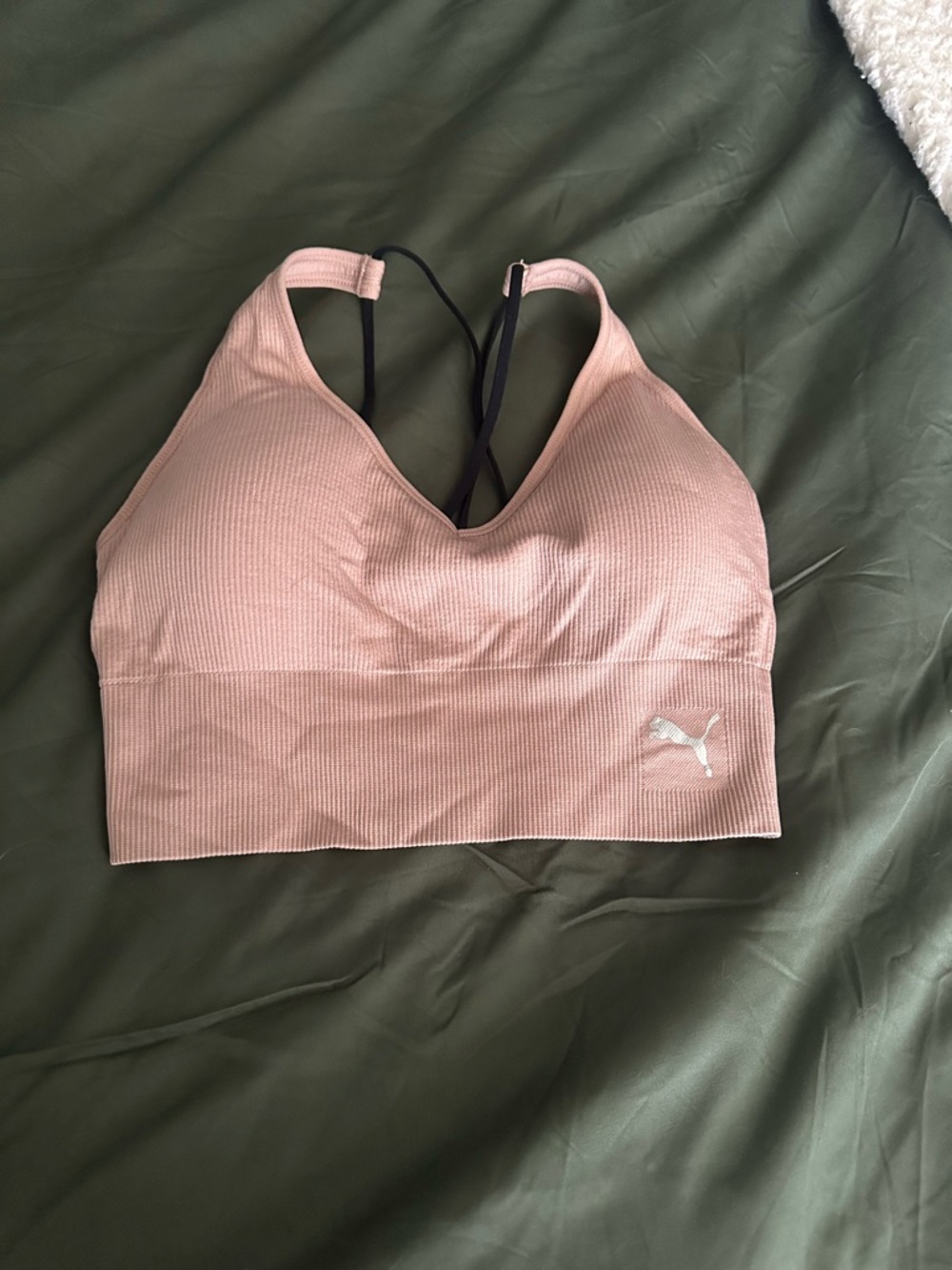 Puma Women's Pink Ribbed Sports Bra Beige SMALL